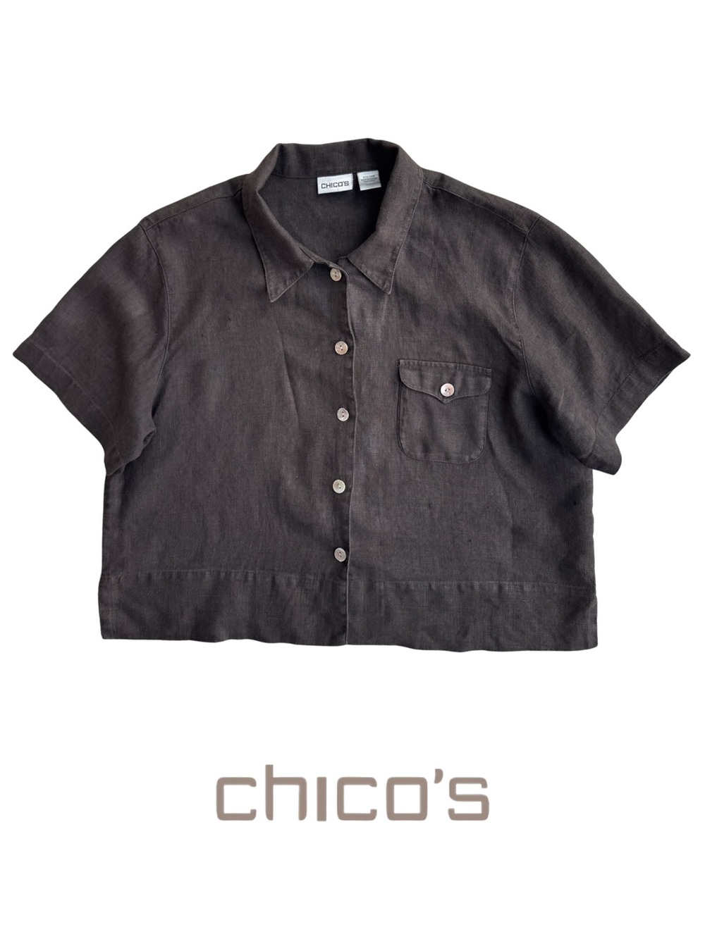 Chico’s 100% Linen Boxy Cropped Button Front Shirt Chocolate Brown Size 2 US 12 - Picture 2 of 8